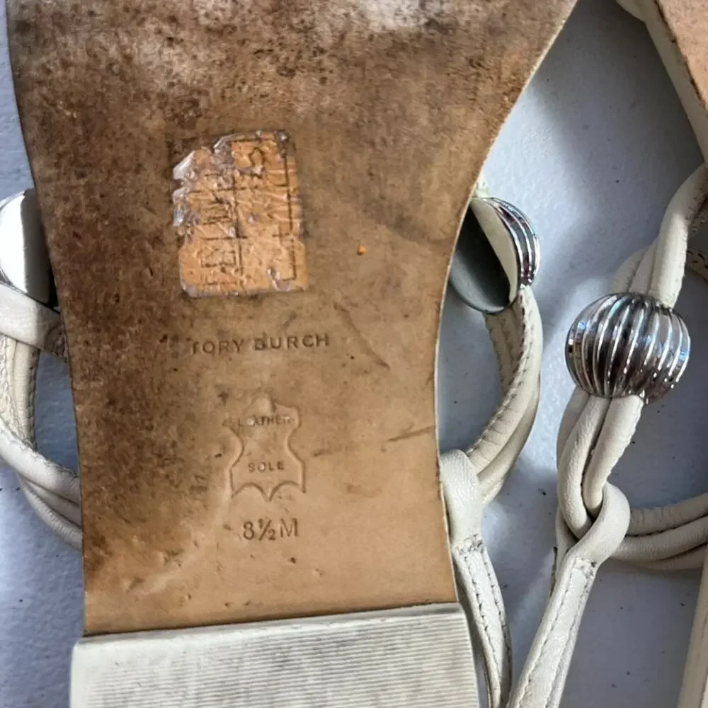 Tory Burch Sandals Women's 8.5 M Capri Multi Strap Ivory Leather Silver Charms